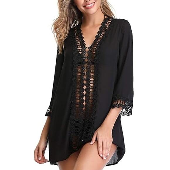 Lace Cover-Up Mini Beach Dress Bikini Sun Shirt Swimsuit Loose Fit Black OS - Picture 1 of 6